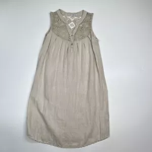 Abito piccolo Stella Rosa Made In Italy 100% lino ricamato beige tubino pizzo - Foto 1 di 8