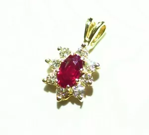 0,46 kt 14 kt massives Gold natürlicher Rubin Diamant Halo Verlobungshalskette Vintage Retro - Bild 1 von 5