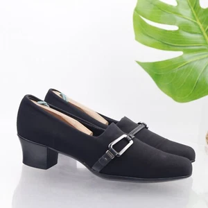 Munro Women's Cindi Pump Size 7 NARROW Block Heel Slip On Black Satin Dress Shoe - Picture 1 of 15