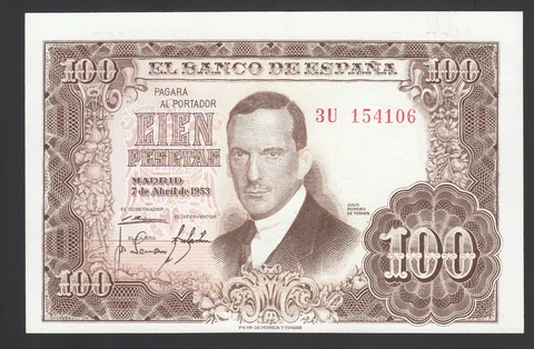 Spain  100 Pesetas 07-04-1953  XF   P. 145,    Banknotes, Circulated Cover