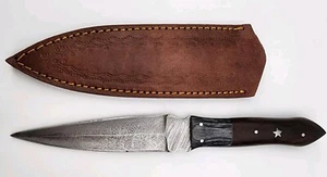10.5" Damascus Knife & Leather Sheath • Hard Wood Handle - Picture 1 of 12