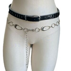 Pair of Belts:  Black Leather Split-Panel-Link & Silver Waist Chain Belt 2AAA