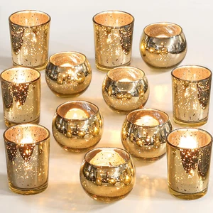 Gold Votive Candle Holders 12Pcs Assorted Gold Mercury Glass Votives Tealight Ca - Picture 1 of 12