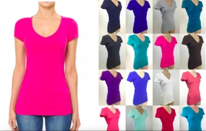 NEW Women's Basic Short Sleeve V Neck Cotton Stretch Tee- Ambiance- XS/S-M-L - Picture 1 of 34