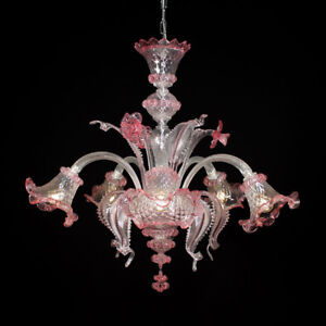 Murano chandelier Ca'Venier ceilling 5 arms pink and crystal 