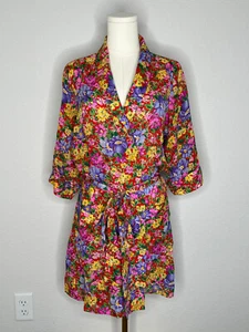 Vintage Neiman Marcus Silk Floral Womens Robe Colorful 80s Retro Pockets Tied - Picture 1 of 11