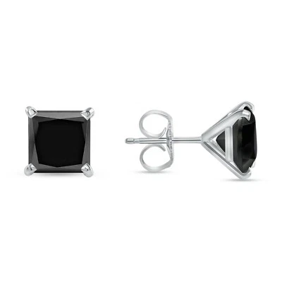 2.5 Ct Princess Cut Black Earrings Studs Solid 14K White Gold Push Back Martini - Image 1 of 3