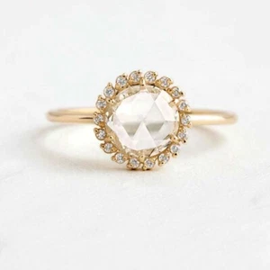 10k Yellow Gold Plated 1.80 Ct Rose Cut Round Moissanite Halo Engagement Ring 7 - Picture 1 of 4