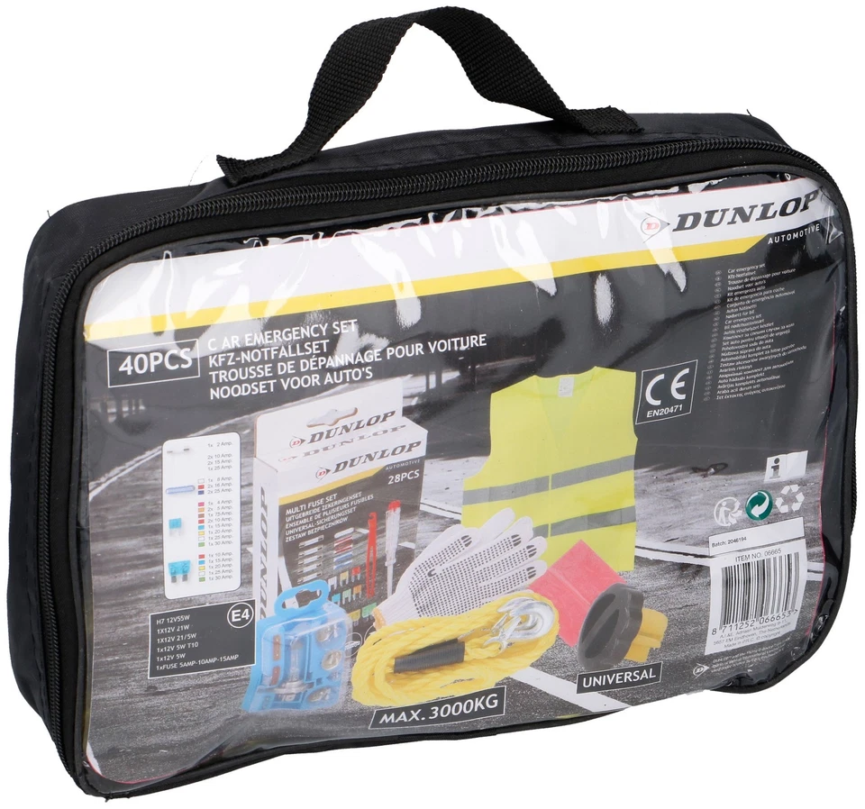 Cuerda de remolque chaleco de seguridad emergencia pinchazos set Dunlop coche 40 piezas coche