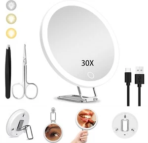 6" 30X Magnified Mirror w LED Light | 360° Adjustable Stand Suction Make-Up - Picture 1 of 15