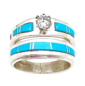 Native American Sterling Silver Navajo Handmade Turquoise Wedding Set Size 6.5 - Picture 1 of 3