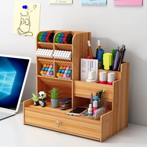 Wooden Pen Pencils Holder Stationery Storage Rack Desk Organiser Box US STOCK - Picture 1 of 10