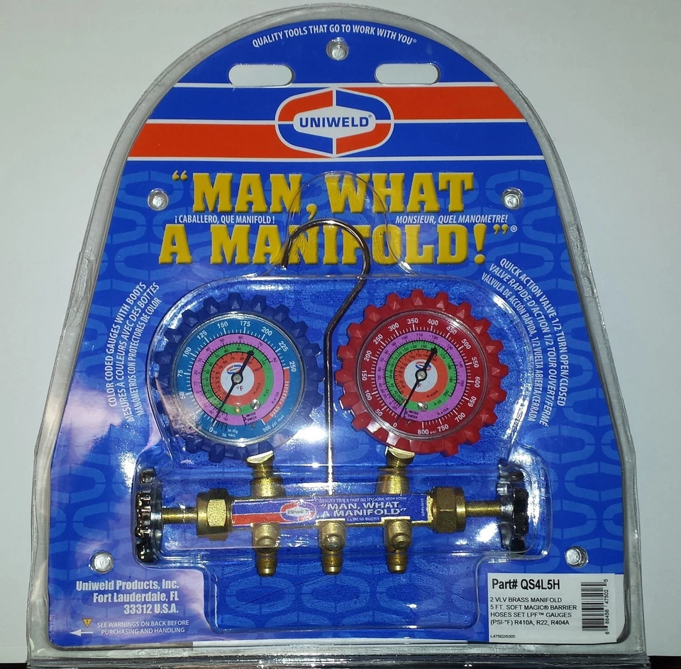 Uniweld QS4L5H High Pressure 410a 2 Valve Brass Manifold With 5' Hose Standard Fittings