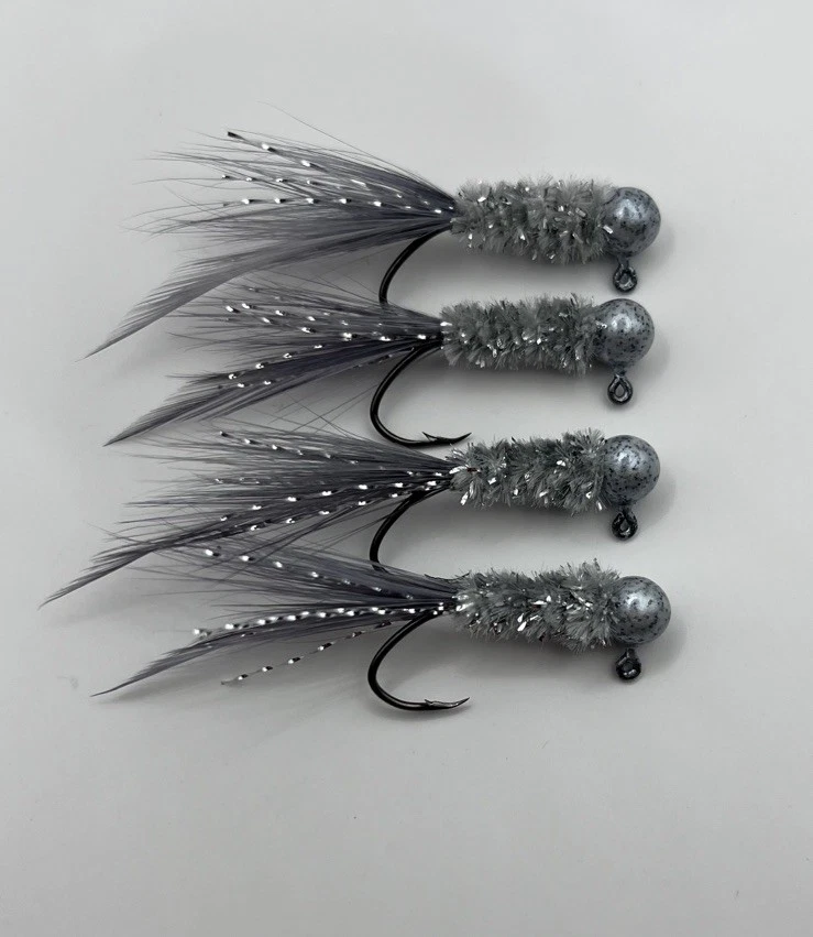 手工绑羽毛尾 Crappie 银子弹和灰胡椒 1/16 盎司全新 — 第 1/1 张图片