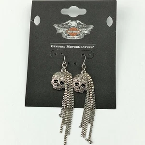 Harley Davidson Skull And Dangling Chain Earrings Silver Tone Rare - Picture 1 of 7