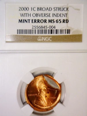 2000 ERROR NGC MS65 RED INDENT + Broad Struck Lincoln Cent GEM BU Coin   NR - Image 1 of 4