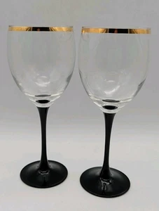 Arcoroc France Black stem with gold rim 8" wine glasses Set Of 2 Contemporary - Picture 1 of 5
