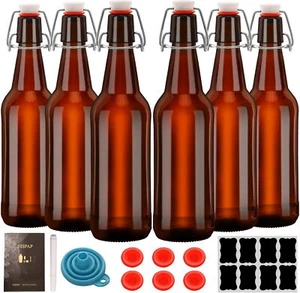 Amber Beer Bottles with Flip Caps, 16oz Glass Bottle 16oz, 6 pcs - Picture 1 of 6