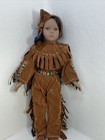 Native American Porcelain Girl Doll Fringe Pants & Top Embroidery Trim 16” Tall