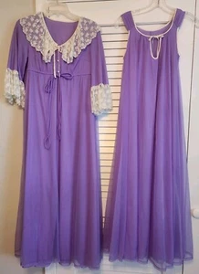 VTG VIRGINIA WALLACE PEIGNOIR GOWN ROBE SET FULL SWEEP DOUBLE NYLON STUNNING - Picture 1 of 13