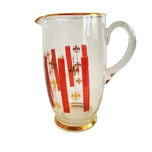 Glass Pitcher Red Stripes Fleur De Lis Gold Trims Vintage Hand Blown Jug 27cm - Bild 1 von 8