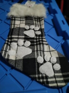 NEW Paw Print Christmas Stocking Dog Pet Holiday Black and Ivory Plaid 19"T4 - Picture 1 of 2