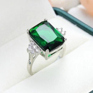 Natural Square Fire Green Quartz Zirconia Gem Silver Rings Size 6~10 Holiday - Picture 1 of 5