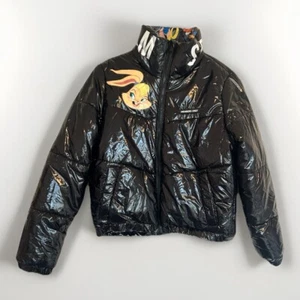 Members Only Space Jam High Shine Black Puffer Jacket L Zip Looney Tunes Print - Picture 1 of 11