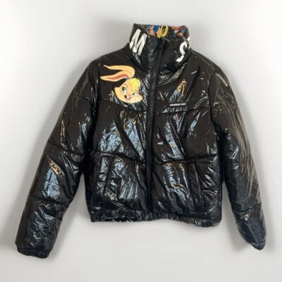 Members Only Space Jam Y2K High Shine Black Puffer Jacket L Zip Looney Tunes - Image 1 of 4