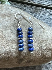 Southwestern 925 Sterling Silver Blue Lapis Bead Earrings 1 Inch - Picture 1 of 12