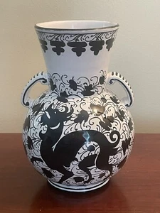 CACF Faenza Italy Ceramic Vase Pitcher Black & White Lion Passant Dragon Gryphon - Picture 1 of 12