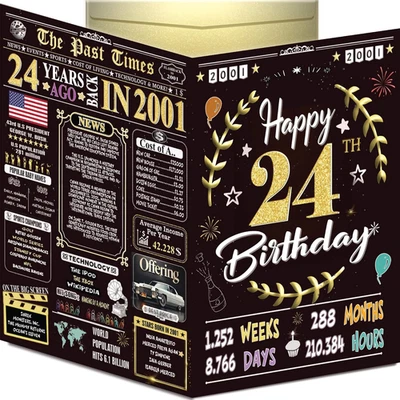 24Th Birthday Card for Women Men - Back in 2001 Black & Gold - 24 Happy BIRTHDAY - Image 1 of 4
