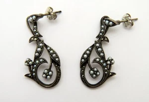 GEMS TV STERLING SILVER FRESHWATERPEARL & MARCASITE EARRINGS - Picture 1 of 3