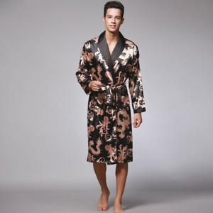 Mens Kimono Bathrobe Silk Satin Pajama Sleepwear Night Robe Gown