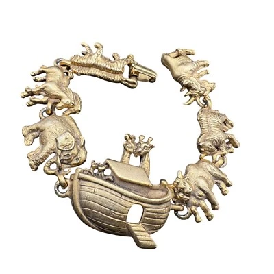 AJC Matte Gold-Tone Noahs Ark Animal Charm Bracelet 6.5" Christian Jewelry - Image 1 of 4