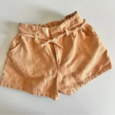 Zara Pantalones Cortos Niñas 13 14 Algodón Lino Bolsa Papel Melocotón Cuerda Cinturón Informal Verano Foto 1 de 4