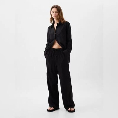 ¡NUEVO CON ETIQUETAS! Pantalones cargo GAP negros mezcla de lino pierna ancha - talla mediana regular Foto 1 de 4