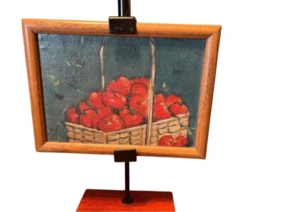 Vintage Primitive Oil Painting Basket of Apples on Stand Dainty Signed by Artist - Image 1 of 4