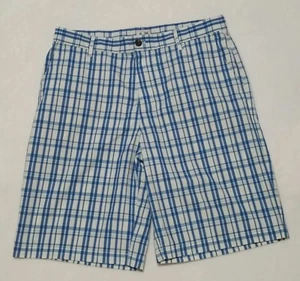 ADIDAS Sz 34 Shorts Mens Plaid Blue White Flat Front 4 Pockets Logo on Back MINT - Picture 1 of 5
