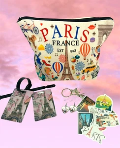 Travel PARIS BUNDLE makeup bag, key chain, earrings, luggage tags ~ Gift Box - Picture 1 of 13