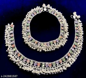 Artificial Multi Kundan Silver Foot Payal Traditional Wear Women Heavy Pazab - Picture 1 of 4