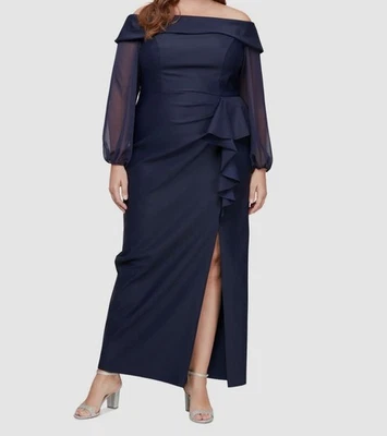 Vestido para mujer Alex Evenings azul con volantes y hombros descubiertos talla grande 24W Foto 1 de 2