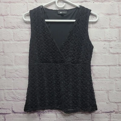 Top Y2K AB Studio Brillo Negro Bordado Encaje Sin Mangas Talla S Hada Oscura Gótica Foto 1 de 4