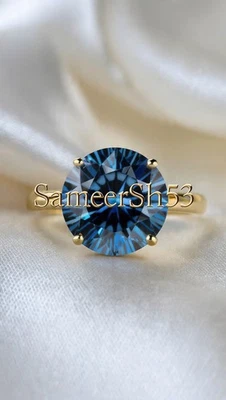 Anillo de diamantes azules cultivados en laboratorio de 2 quilates corte redondo oro amarillo de 14 quilates por diseño Sameersh53 Foto 1 de 4