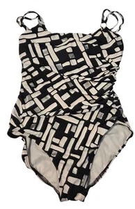 MiracleSuit Hamden One Piece Swimsuit Shaping Black White Silver Geometric Sz 14 - Picture 1 of 16