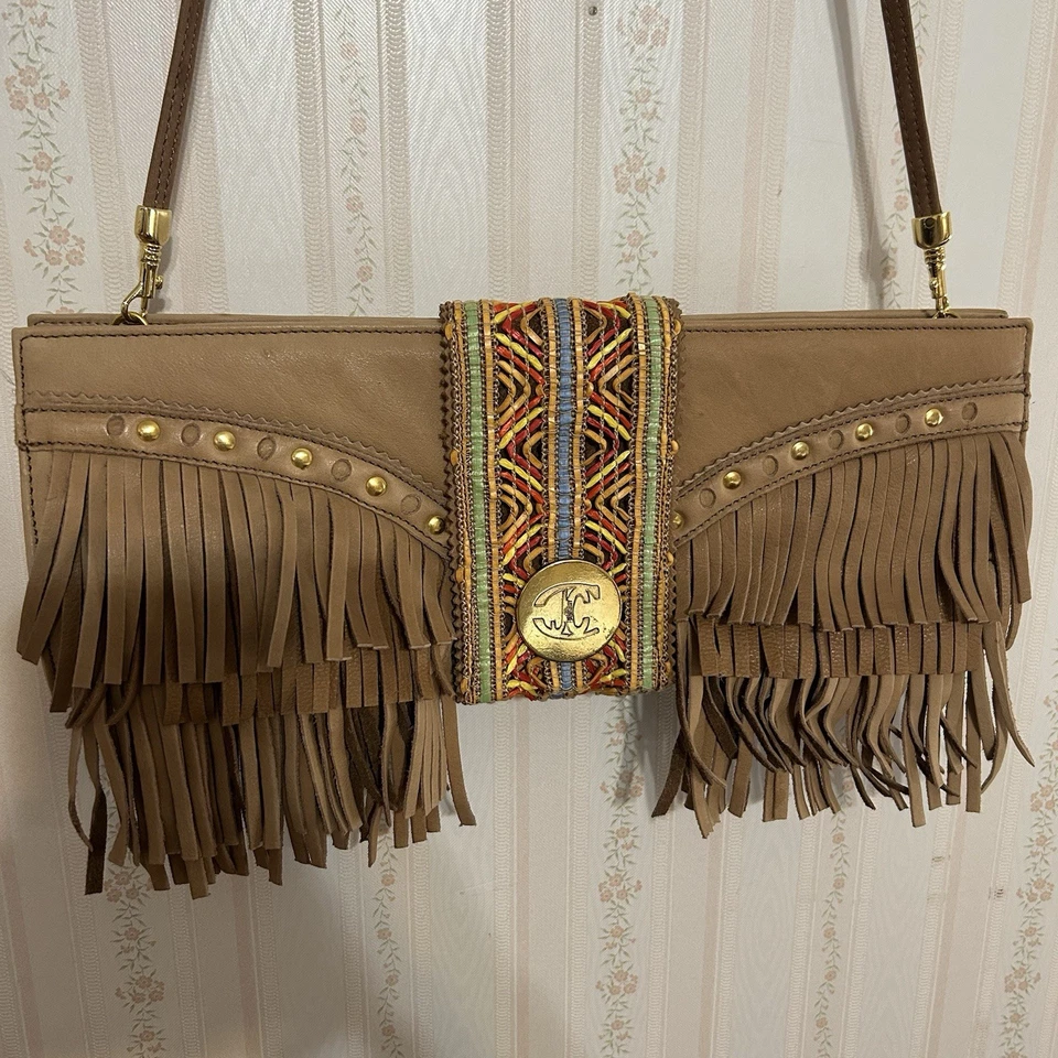 Vintage Just Cavalli Beige Leather Fringes Flap Top Evening Clutch Or Strap Bag - Image 1 of 4