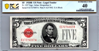 $5 1928-B Legal Tender "Red Seal" PCGS 40 Extremely Fine Fr. 1527 - Image 1 of 3