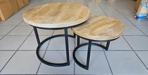 2er Set Couchtisch Sam Mangoholz rund Metall Mango Satztische Sofatisch Schwarz - Bild 1 von 4