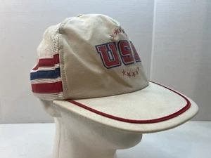 Vintage 3 Stripe Red White And Blue Mesh Snapback Trucker Hat USA. Made In USA - Picture 1 of 11