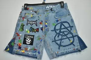 Afterlife Signature Patched Flare Blue Jean Shorts Jorts Korn Misfits Size 32x30 - Picture 1 of 8
